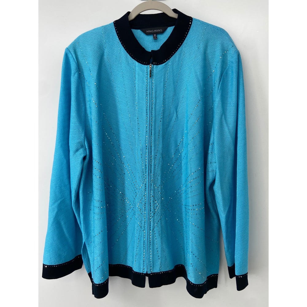 Ming Wang Jacket Women 3X Blue Studded Zip Front Knit Career Chic Cardigan